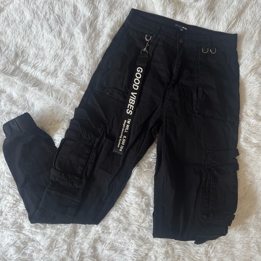 Fashion Nova Black Cargo Joggers with 'Good Vibes' Strap